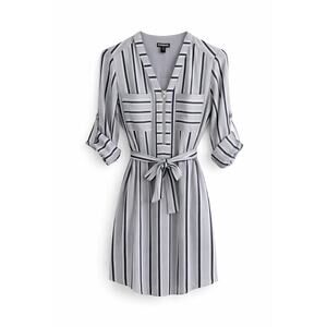 Express XS Gray Striped Shirt Dress Front Tie Waist Long Sleeve Mini Casual Chic